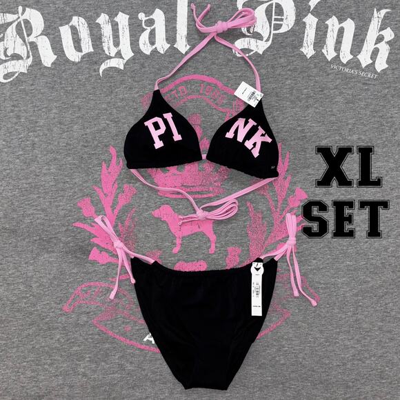 Victoria’s Secret PINK Limited Edition Pink and Black String Bikini Set - XL - Picture 1 of 11